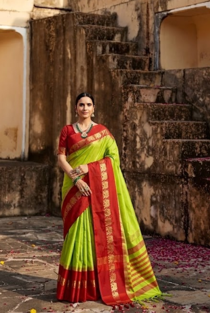 Lemon Green & Red Cotton Silk Savanna Elephant Saree